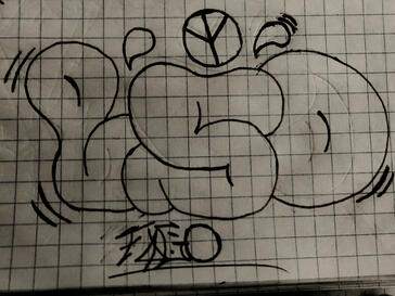 graphite pencil sketch of a throw up graffiti piece saying "LSD" with a "FOGO" tag underneath and a reversed peace symbol above.