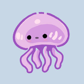 Chibi cartoon-style digital illustration of a cute purple jellyfish.