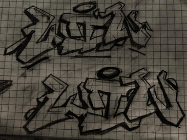 2 graphite pencil sketches of a wildstyle graffiti design saying "WIN".