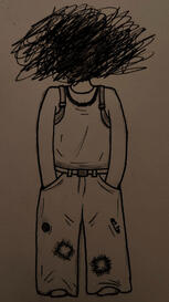 Outlined graphite pencil sketch of an original character wearing a plain long-sleeved shirt, baggy jeans (with a number of accessories: pin, safety pin, patches), a chain, and a backpack. Their head is scribbled over, obscuring all facial features and hair